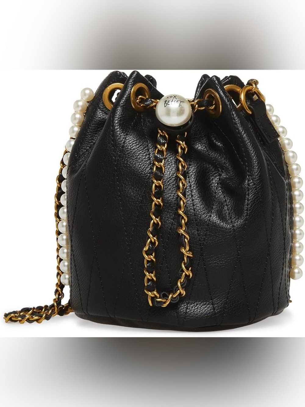Betsey Johnson Black Quilted Drawstring Mini Bucket Bag with Pearl Chain Accent